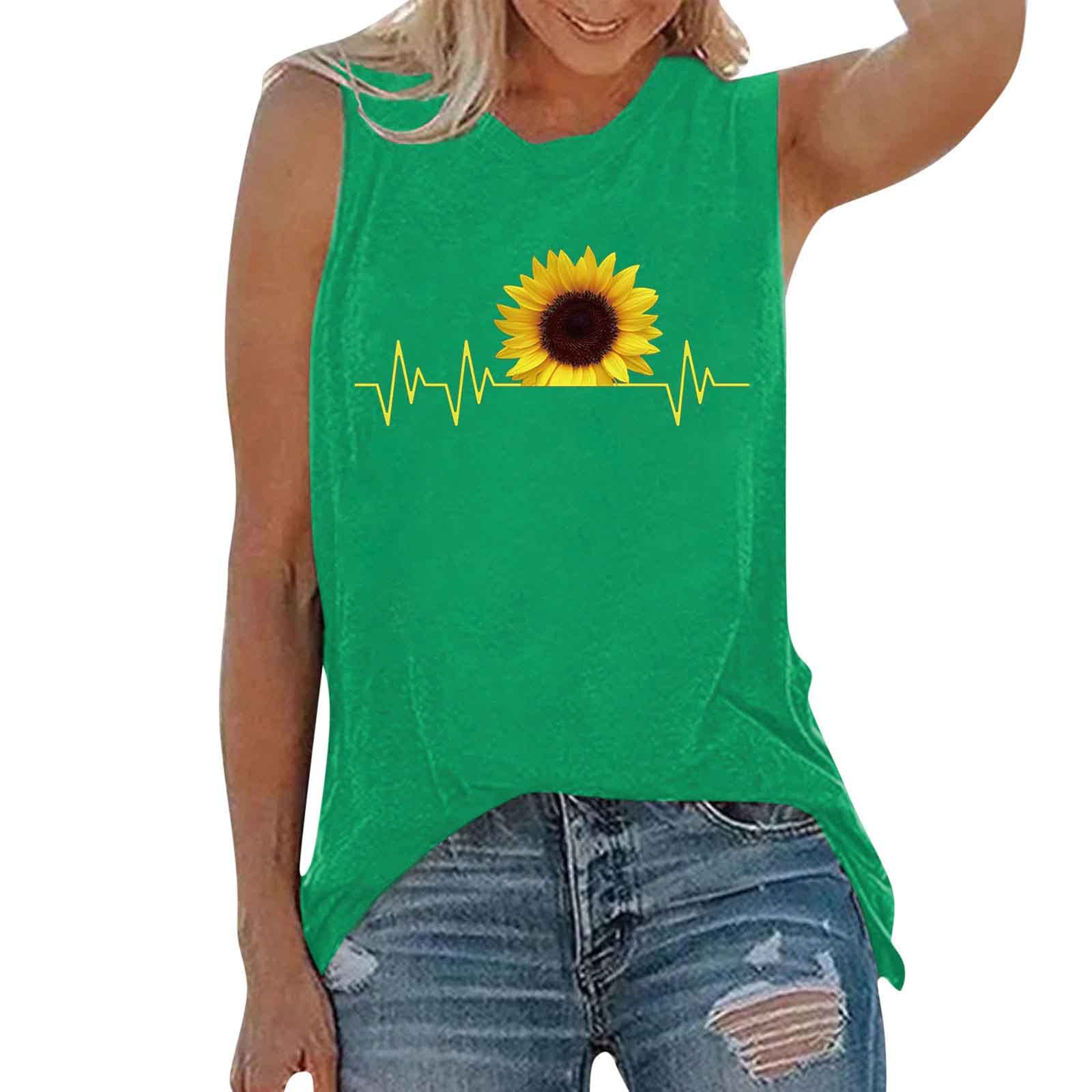 Women's Sleeveless Tank Tops - Summer Casual Loose Tunic Blouse with Sunflower Print & Crew Neck - Perfect for Beach Outings, Yoga, and Everyday Wear