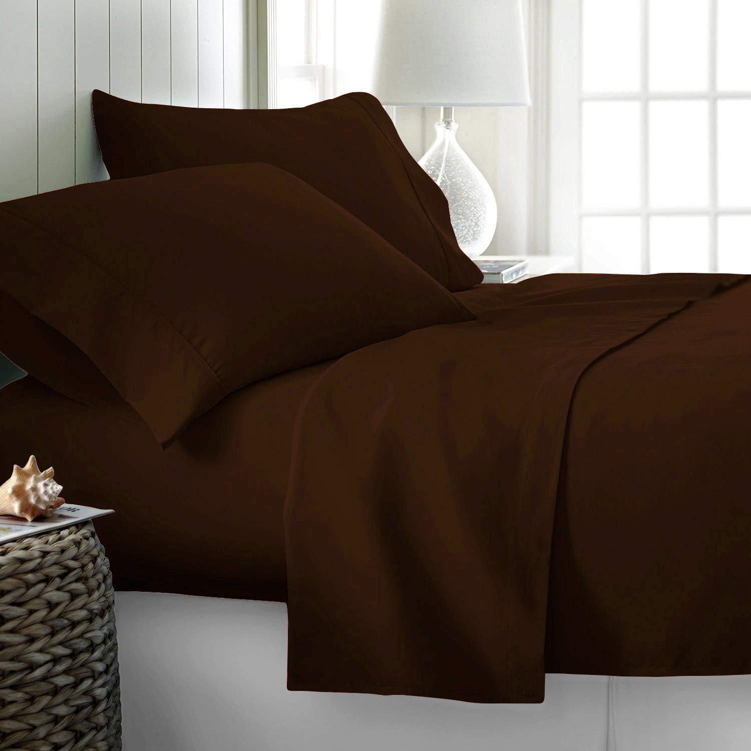 Esplic 100% Bamboo 4-Piece Queen Size Bed Sheet Set - Cooling, Super Soft & Breathable - Fits 28-30'' Deep Pockets (Chocolate Solid) - Perfect for Hot Sleepers & Eco-Friendly Bedrooms