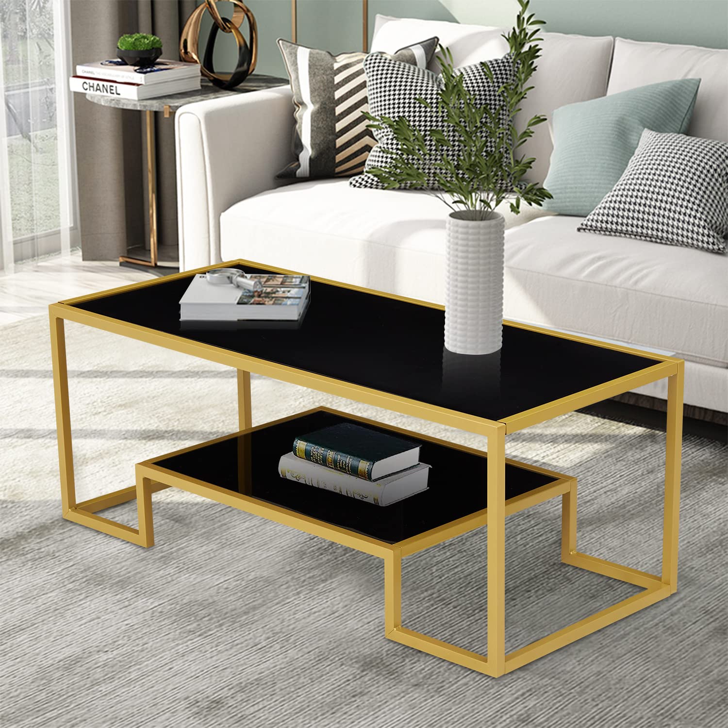Modern Brass Accent Coffee Table with Storage Shelf - 2-Tier Tempered Glass Center Table for Living Room, Office & Waiting Areas - Black & Gold Finish - Perfect for Small Spaces, Home Decor & Hospitality Settings
