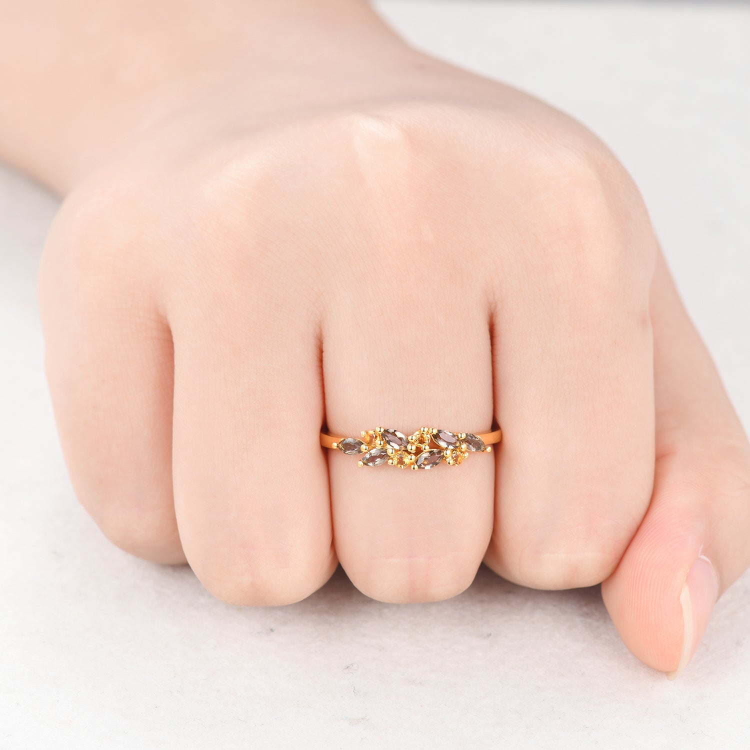 Vintage Smoky Quartz Citrine Wedding Band - Brown Gemstone Yellow Gold Ring for Women - Perfect for Engagement, Anniversary & Special Occasions