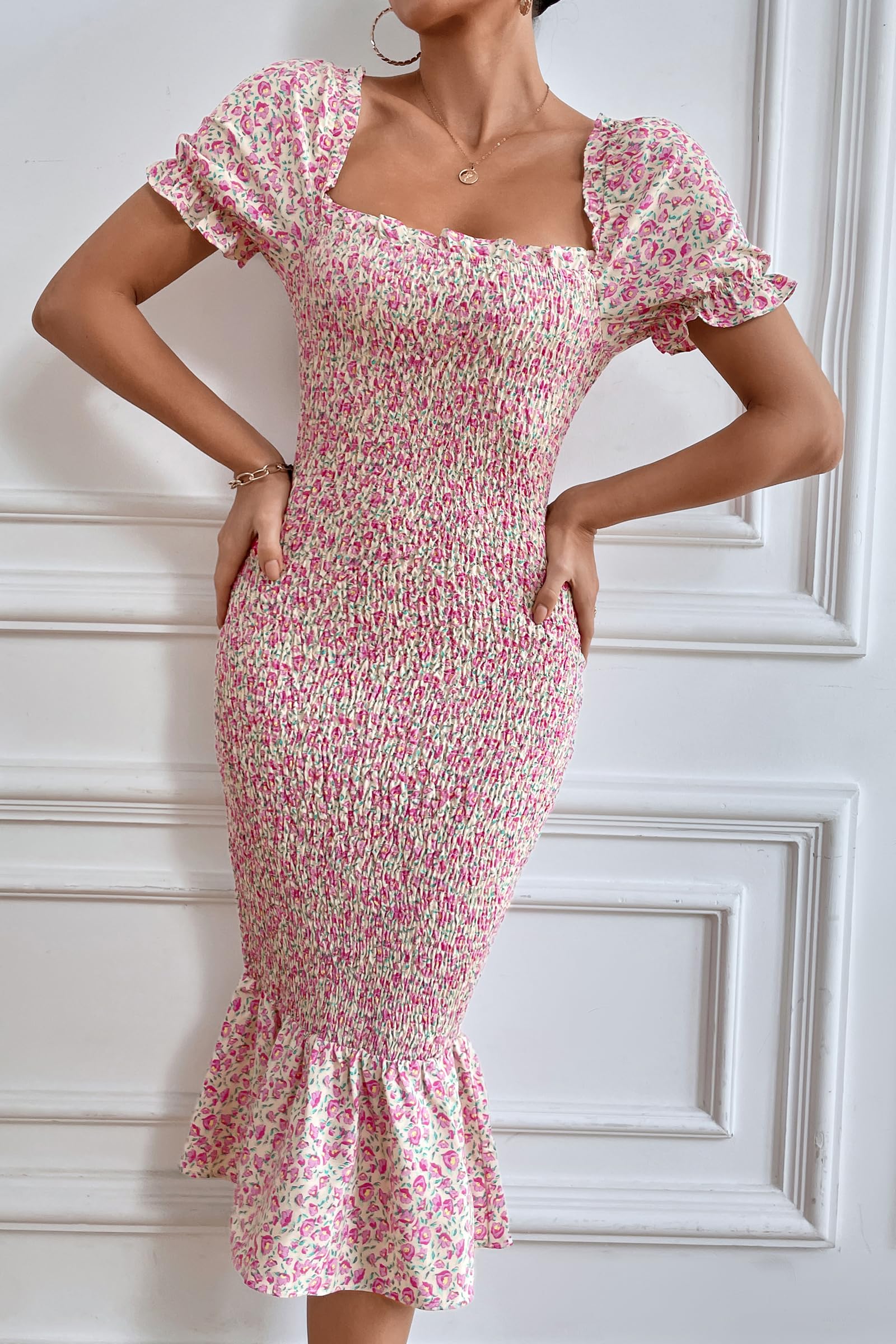 PRETTYGARDEN Floral Bodycon Midi Dress 2025 - Puff Sleeve Mermaid Cocktail Dress for Women | Perfect for Baby Shower, Maternity Photoshoot & Summer Parties