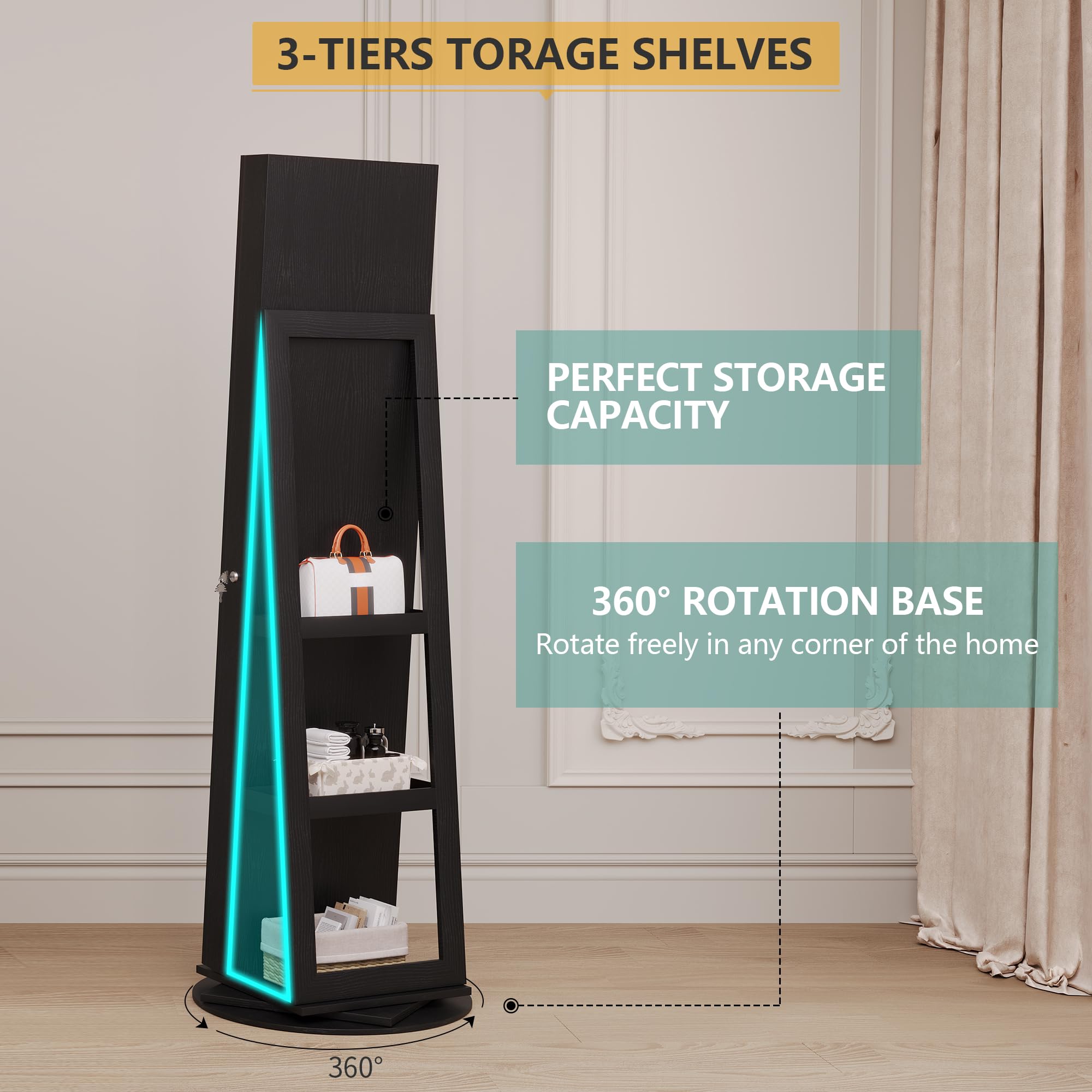 360° Swivel Jewelry Cabinet with LED Lights & Full-Length Mirror - Large Lockable Jewelry Armoire Organizer with Storage Shelves, Free Standing Mirror for Bedroom & Closet (Black) - Perfect for Jewelry Storage, Display & Dressing Room Organization