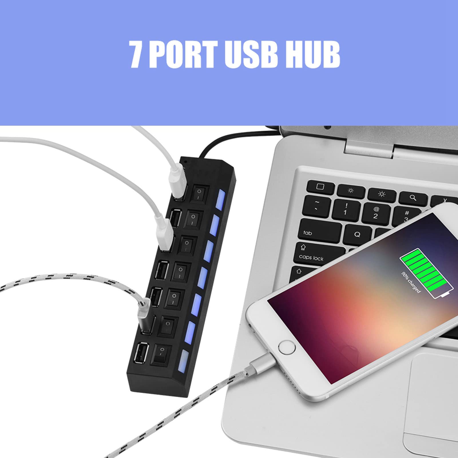 Beufee 7-Port USB 2.0 Hub with 3ft Cable - High-Speed Data Transfer USB Splitter for Laptop, PC, Mac - Perfect for Home Office, Gaming Setup & Multi-Device Charging Station