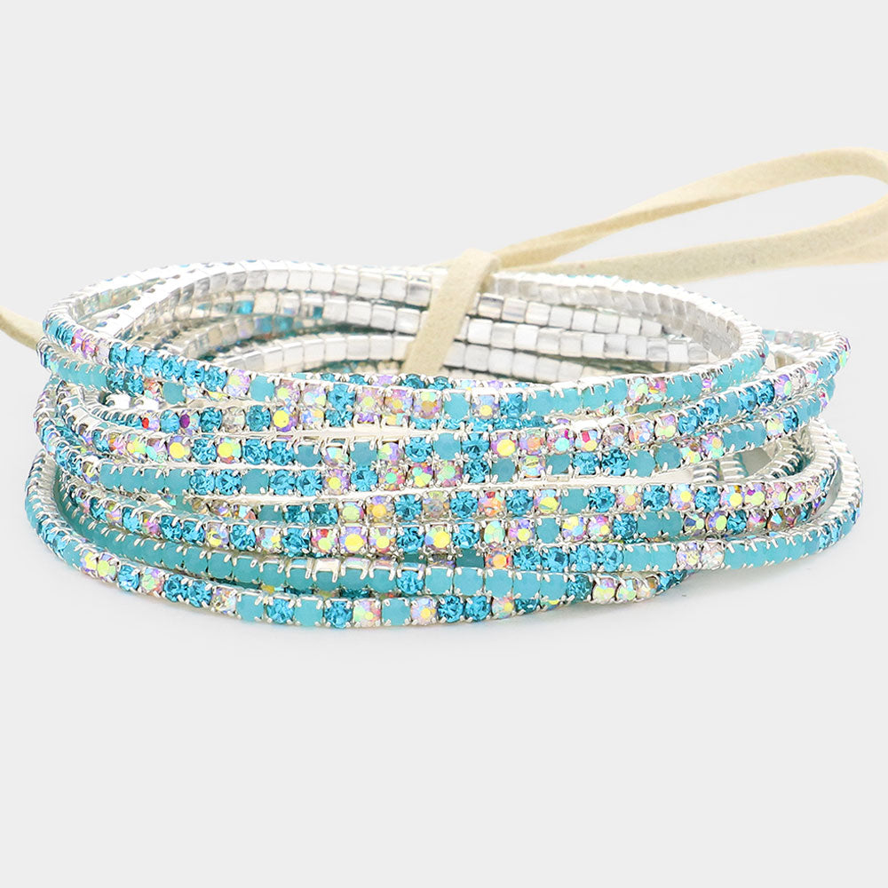 12-Pack Aqua Rhinestone Layered Stretch Pageant Bracelets - Silver Tone Elegant Fashion Jewelry for Women & Girls | Perfect for Pageants, Parties, Prom & Everyday Wear