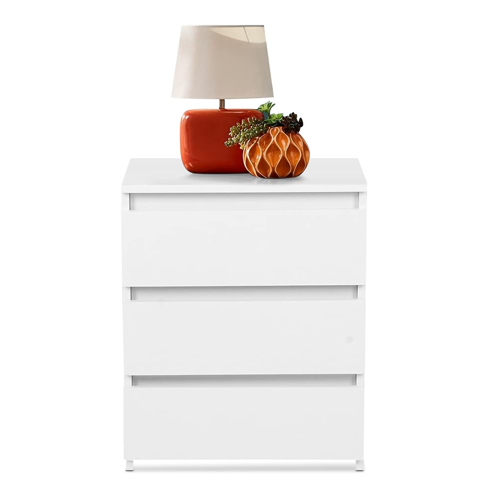 White Wooden Nightstand with 3 Drawers - Modern Bedside Table for Bedroom, Wood Cabinet End Table for Living Room & Bedroom - Perfect for Storage & Home Decor