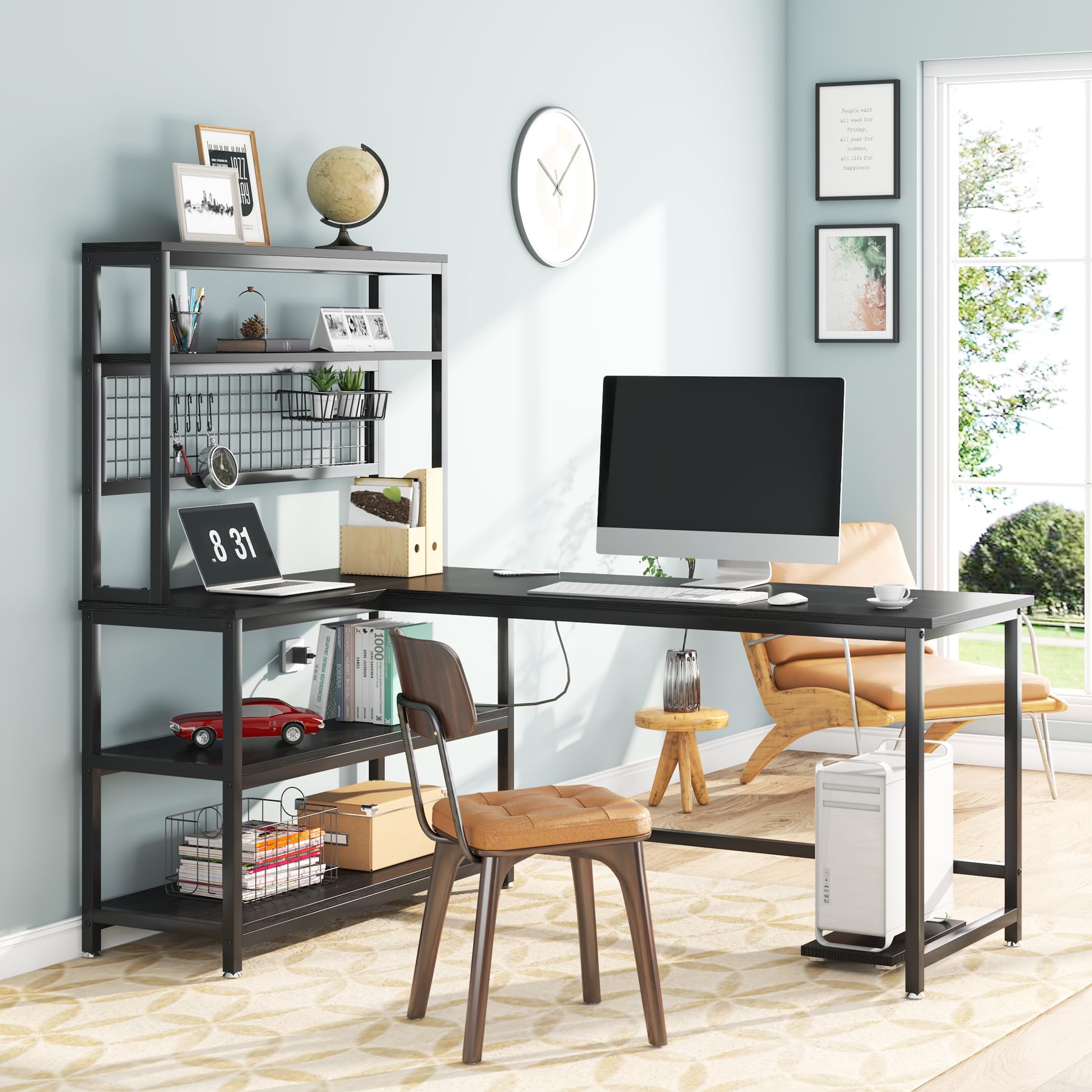 Tribesigns 55 Inch Large Computer Desk with Wireless Charging & 5 Storage Shelves - Home Office Desk, Study Table, Writing Desk Workstation with Hutch Bookshelf (All Black) - Perfect for Remote Work, Gaming & Small Space Home Offices
