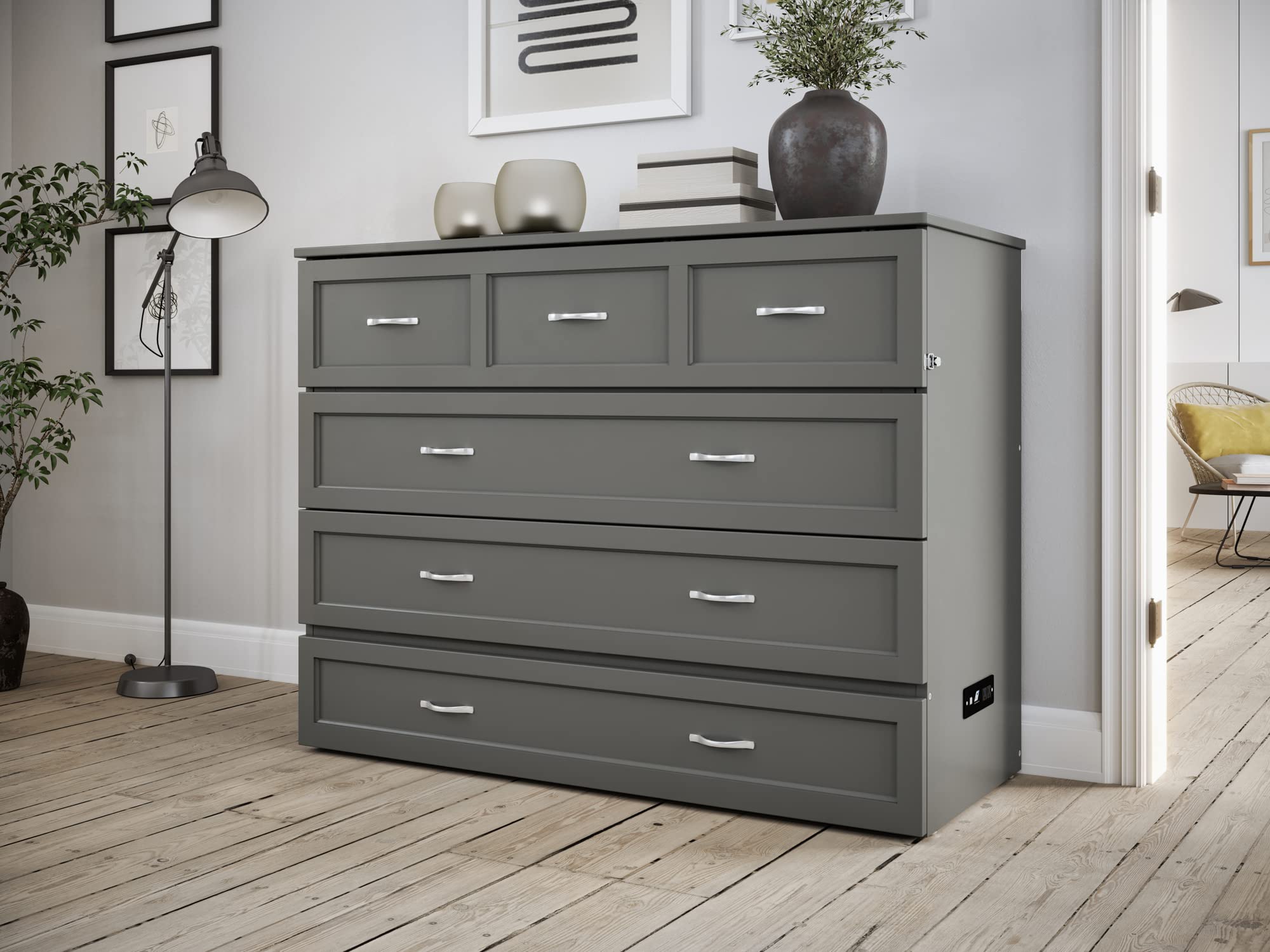 AFI Deerfield Full Size Murphy Bed with Built-in USB Charger, Grey - Space Saving Wall Bed for Small Apartments, Guest Rooms & Home Offices