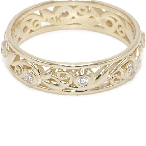 Vintage Rustic Leaf Filigree Eternity Diamond Wedding Ring - Scroll Pattern Feminine Wedding Band - Vintage Inspired Vine Leaf Design - Perfect for Engagement, Anniversary & Romantic Occasions