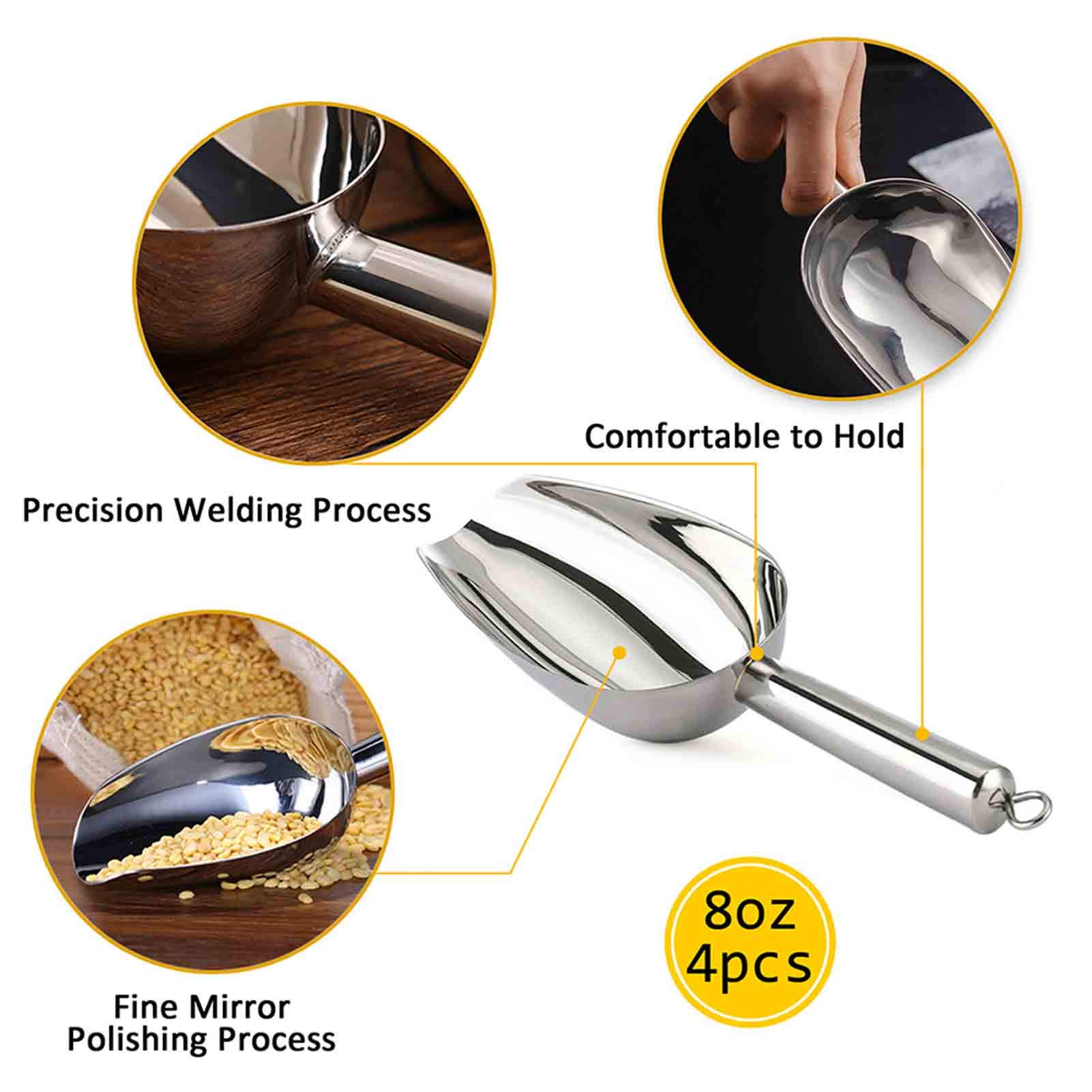 TeamFar 4-Piece Stainless Steel Ice Scoop Set - 8 Oz Heavy Duty Metal Scoops for Food, Candy, Popcorn, Ice Cream & More | Dishwasher Safe, Easy to Clean | Perfect for Parties, Kitchens & Commercial Use