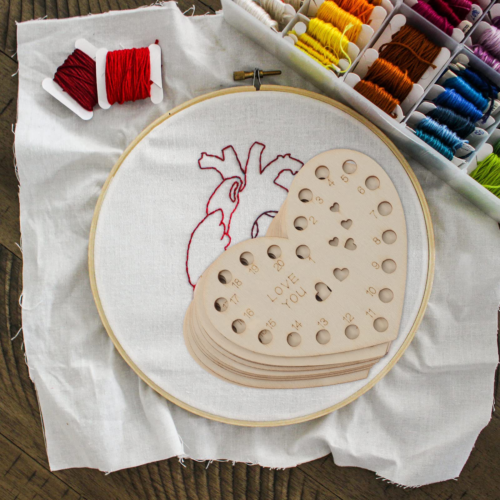 10pcs Wooden Heart-Shaped Embroidery Floss Organizer - Thread Storage Holder for Cross Stitch, Needlework & DIY Craft Projects - Perfect for Sewing Kits, Travel & Home Organization