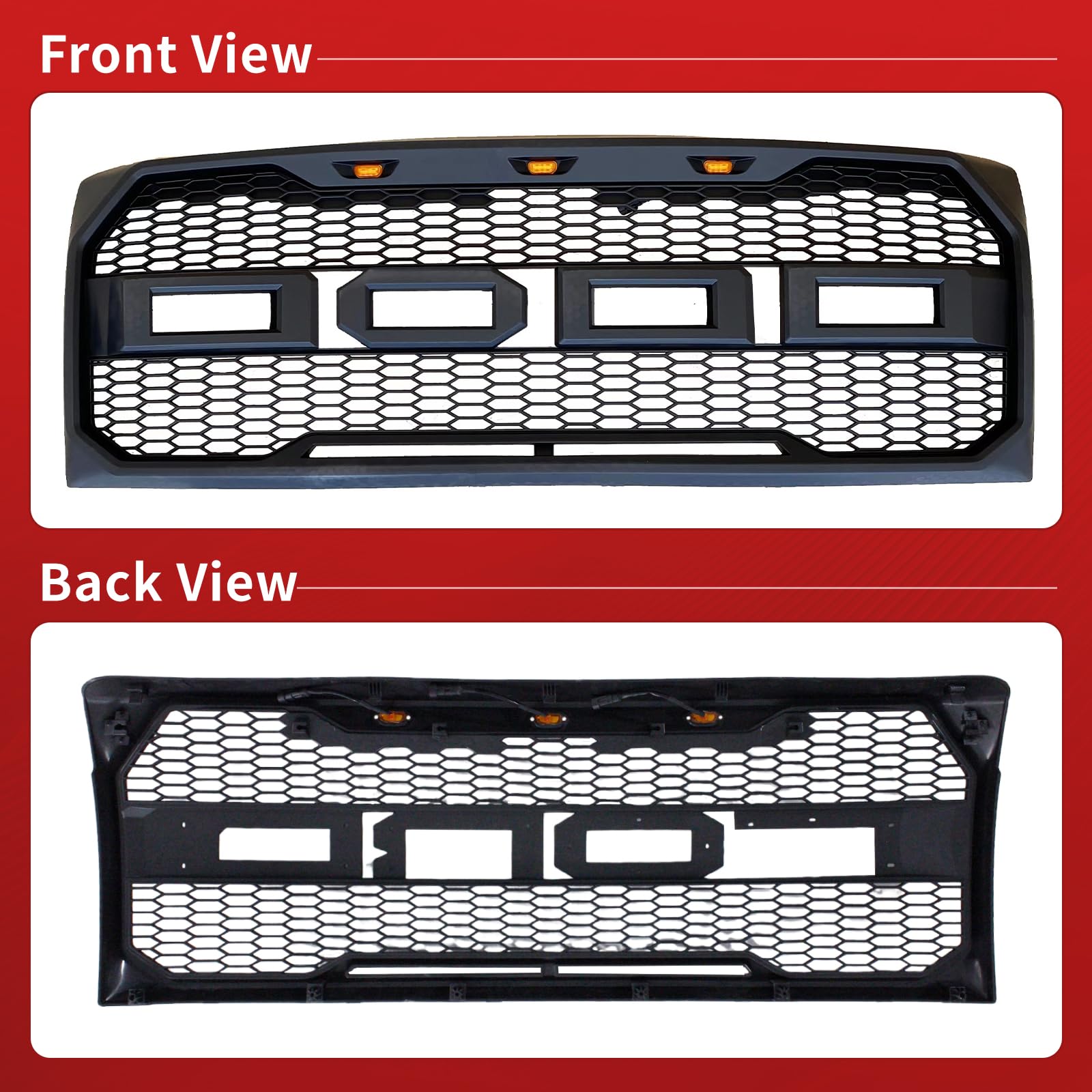 2009-2014 Ford F-150 Pickup Truck Front Grille Replacement - ABS Black Mesh Grill with LED Lights & Emblem Letters | Perfect for Off-Road Upgrades & Custom Truck Modifications