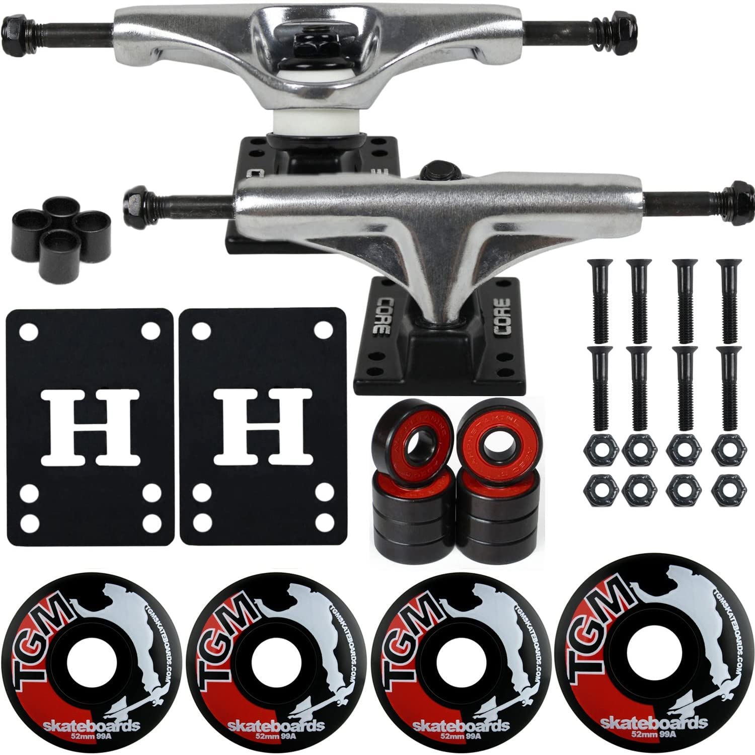 Premium Core Silver Skateboard Trucks & Wheels with ABEC 5 Bearings - Perfect for Street Skating, Park Riding & Smooth Cruising