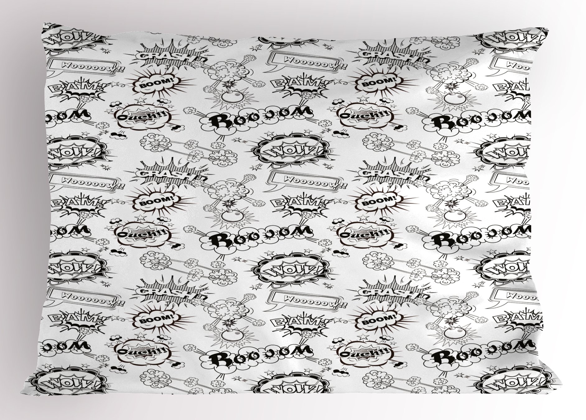 Lunarable Sketch Pillow Sham - Comic Book Doodle Speech Bubbles & Sound Effects Cloud Pop Art Design, Black & White Decorative Standard Queen Size Printed Pillowcase (30