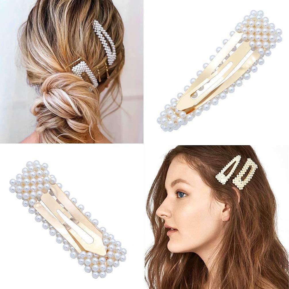 VSAKSH 2 Pack White Pearl Hair Clips - Large Hair Pins Barrettes for Women & Girls - Handmade Fashion Hair Accessories for Wedding, Party & Everyday Use - Perfect for Bridal, Prom & Special Occasions