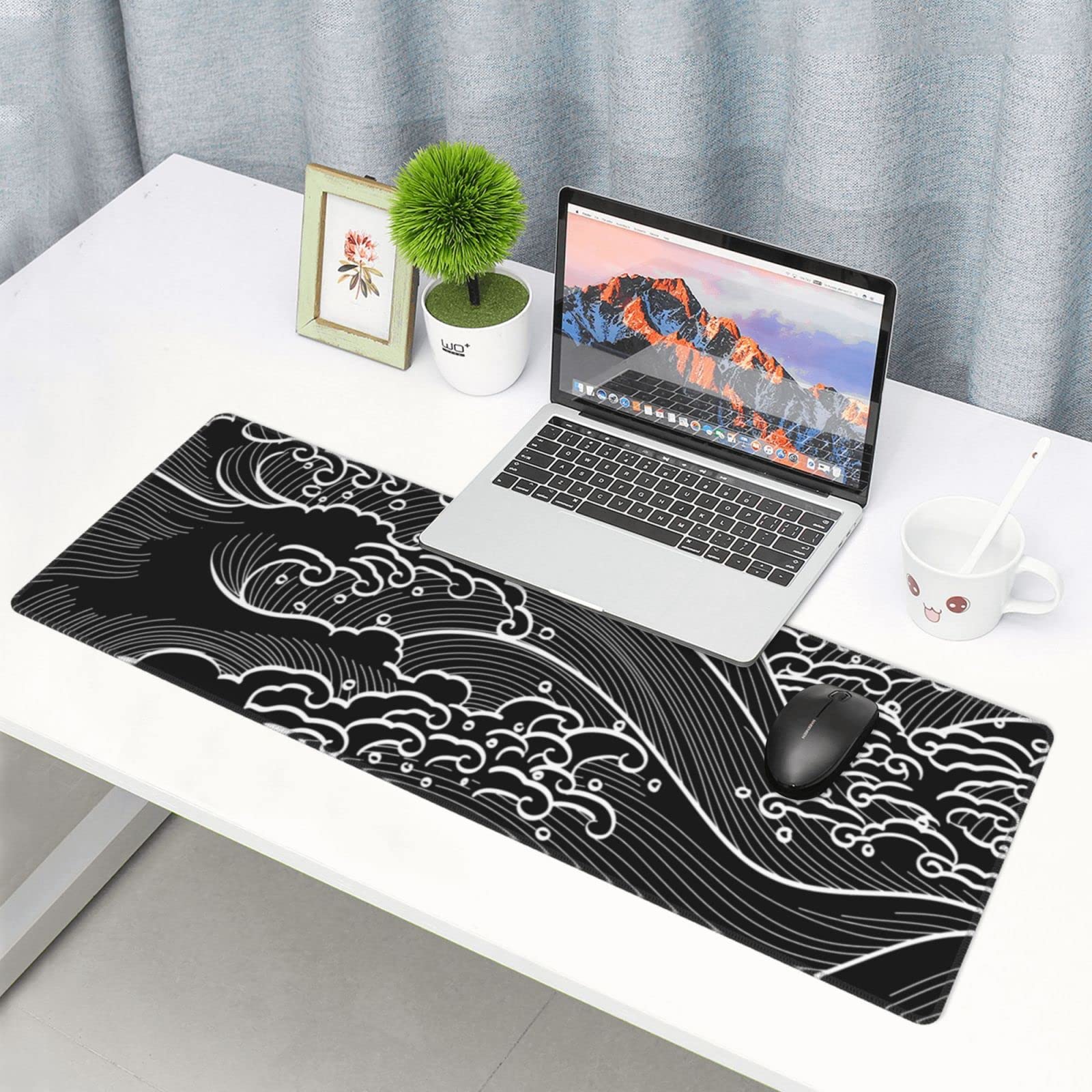 Japanese Wave Black & White Gaming Mouse Pad XL - Large Non-Slip Rubber Base, Stitched Edges Desk Mat (31.5