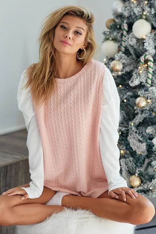 Bibi Cable Knit Sweater Top with Contrast Puff Sleeves in Light Rose | Women's Casual Pullover for Fall & Winter | Perfect for Office, Dates & Holiday Outfits