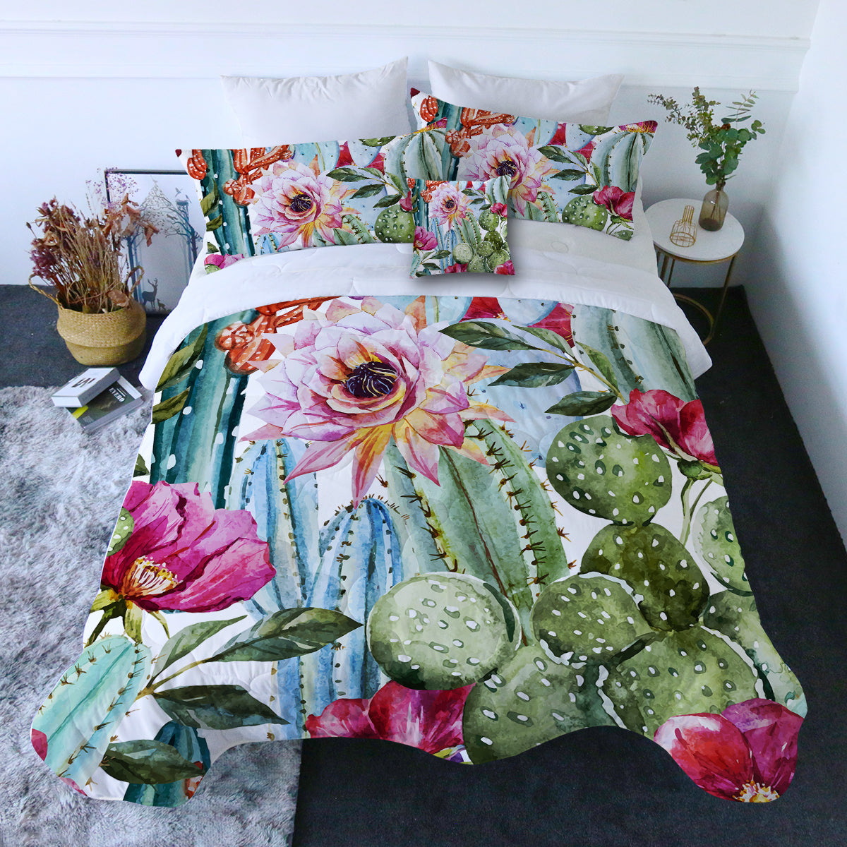 Vibrant Cactus Print Quilt Set - Soft Bedding for Boho Bedroom Decor, Dorm Room Essentials & Cozy Home Styling