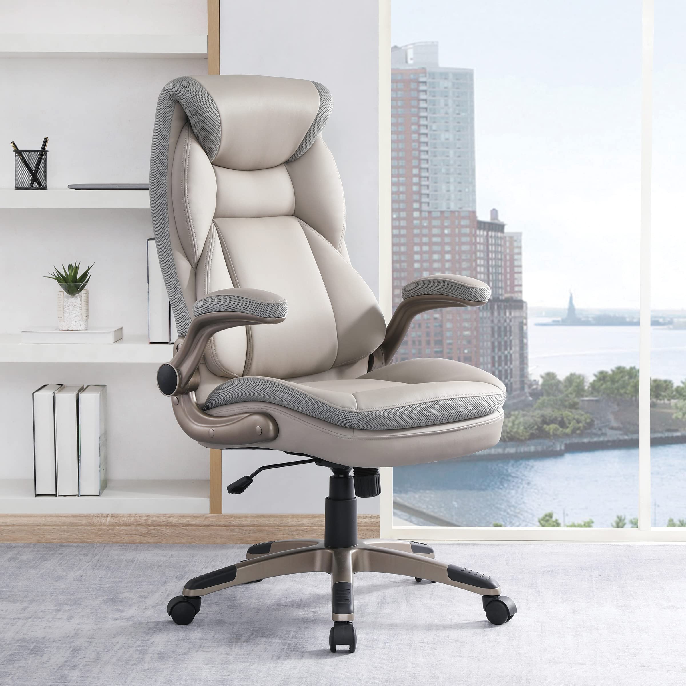Office Star ECH Series Executive Bonded Leather Office Chair with Lumbar Support & Adjustable Arms - Taupe with Cocoa Base | Ergonomic Desk Chair for Home Office, Gaming & Workspace Comfort