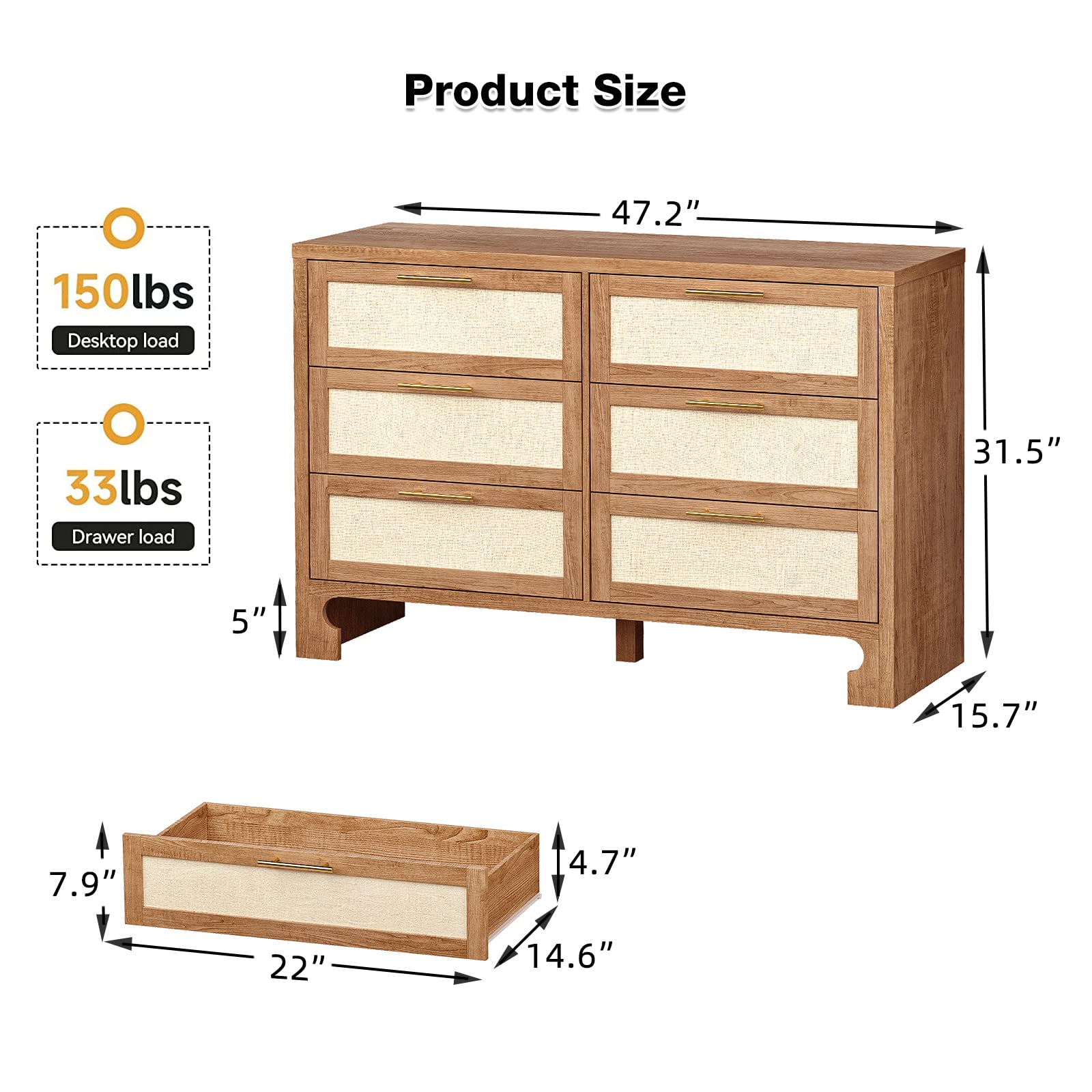 IDEALHOUSE 6-Drawer Burlap Design Wood Dresser for Bedroom, Closet, Living Room, Hallway & Nursery - Caramel Finish Storage Chest | Perfect for Kids' Room Organization & Home Decor