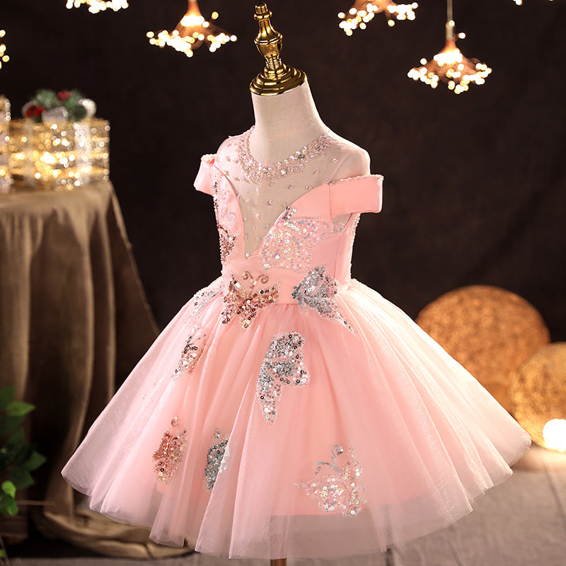 Sparkly Pink A-Line Flower Girl Dress with Cold Shoulder Design - Perfect for Weddings, Pageants & Special Occasions