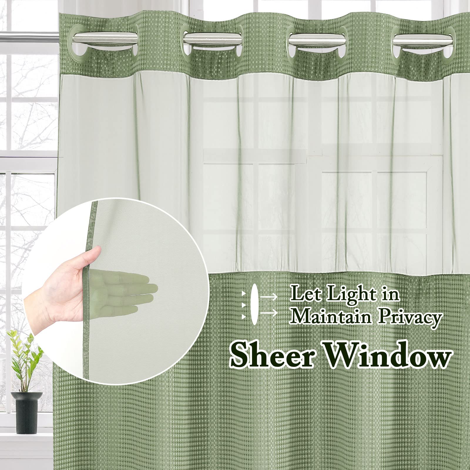 Gibelle No Hook Waffle Weave Shower Curtain with Snap-in Fabric Liner Set - Waterproof & Washable Bathroom Shower Curtain with Mesh Top Window, Hotel Style, Sage Green, 72x74 - Perfect for Bathrooms, Guest Rooms & Spa Retreats