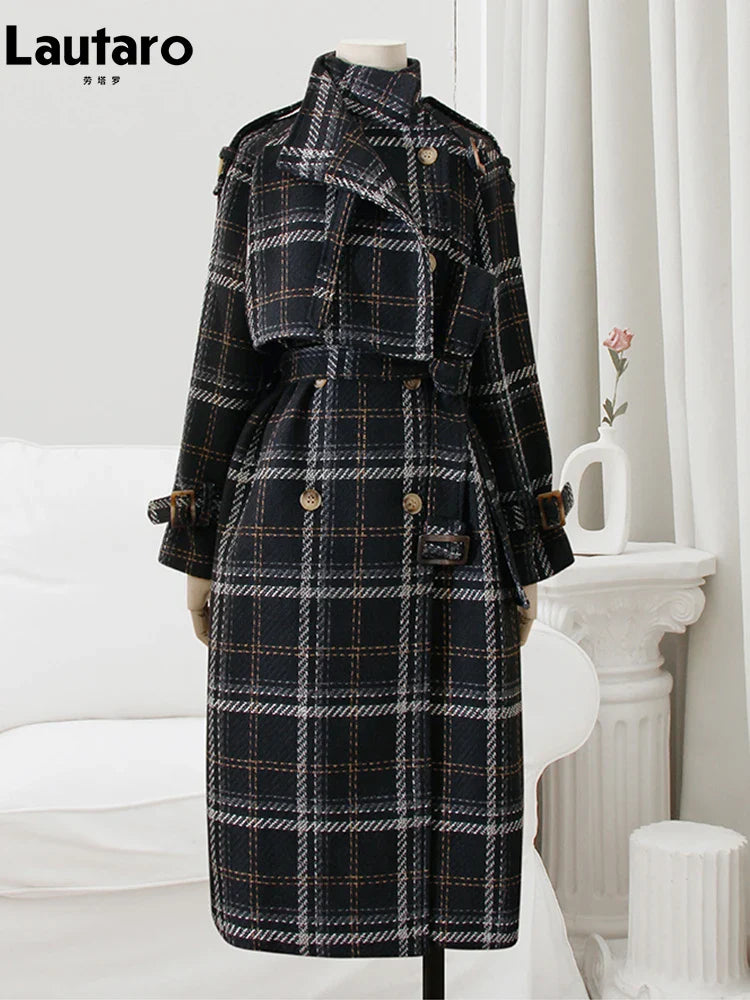 Women's Autumn Winter Long Loose Warm Plaid Wool Blend Trench Coat - Raglan Sleeve, Belted Double Breasted Wool Overcoat for Office, Travel & Casual Wear