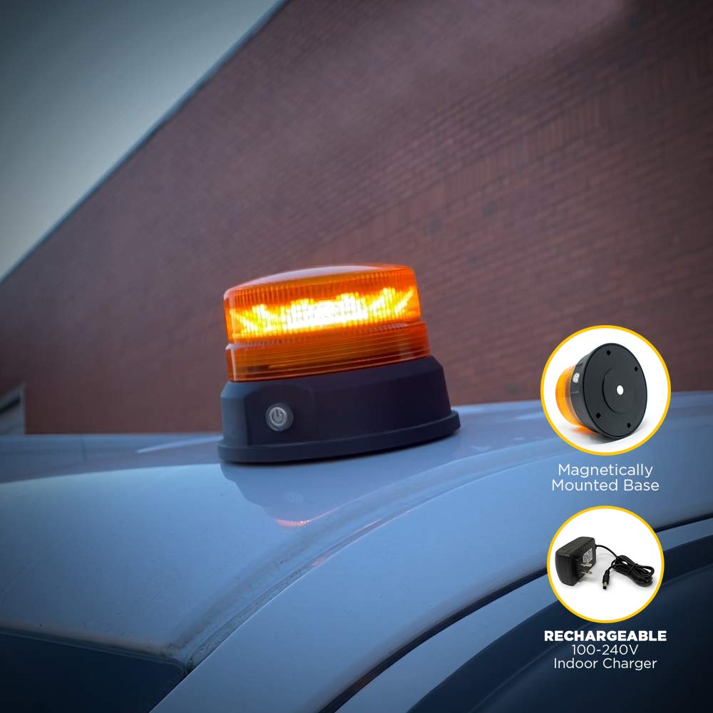 Pro LED 2988A Magnet Mounted Rechargeable Amber LED Light - Class 1 Amber Lens Beacon with 11 Flash Patterns (4-26 Hours Runtime) - Perfect for Emergency Vehicles, Construction Sites & Roadside Safety