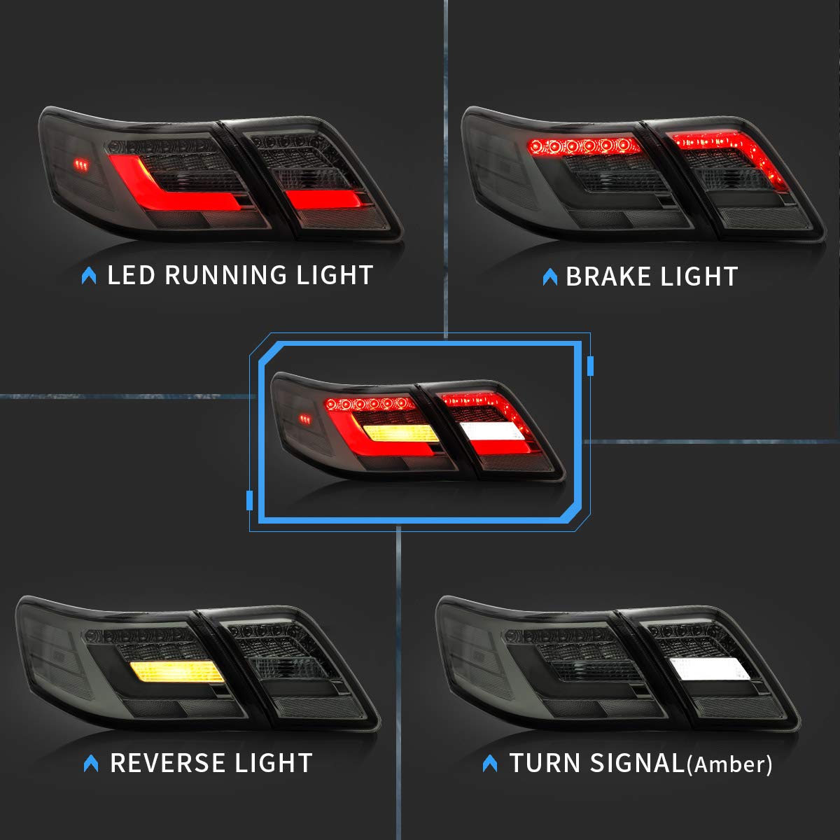 VLAND LED Tail Lights for Toyota Camry 2007-2011 - 3D Light Bar Design, Smoke Lens (Excludes LE & Hybrid Models) | Direct Replacement for Factory LED Rear Lights | Perfect for Night Driving & Car Customization