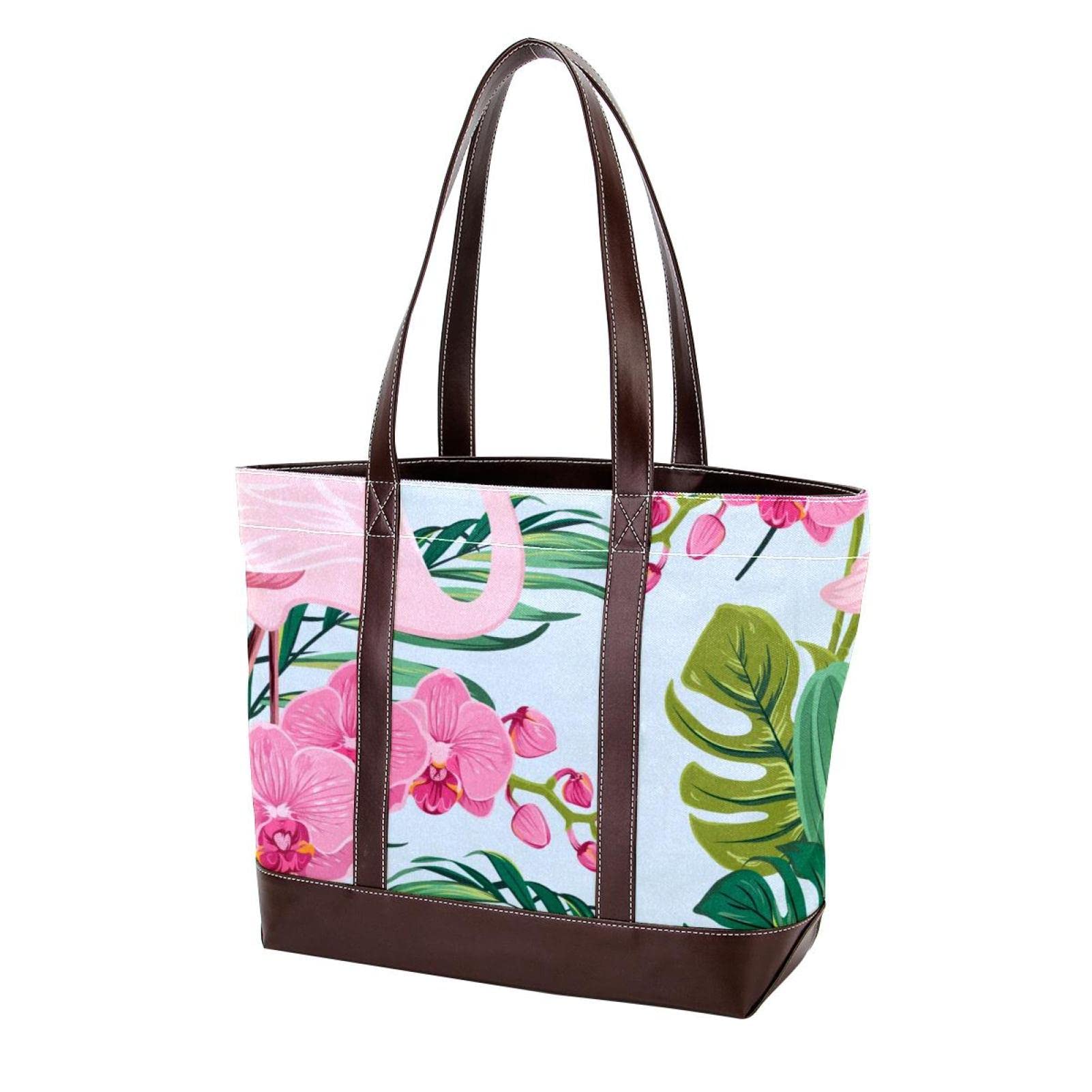 Stylish Women's Tote Bag - Waterproof Beach Bag, Spacious Laptop Shoulder Purse with Zipper - Flamingo Phalaenopsis Tropical Print Design - Perfect for Work, Travel, and Summer Outings