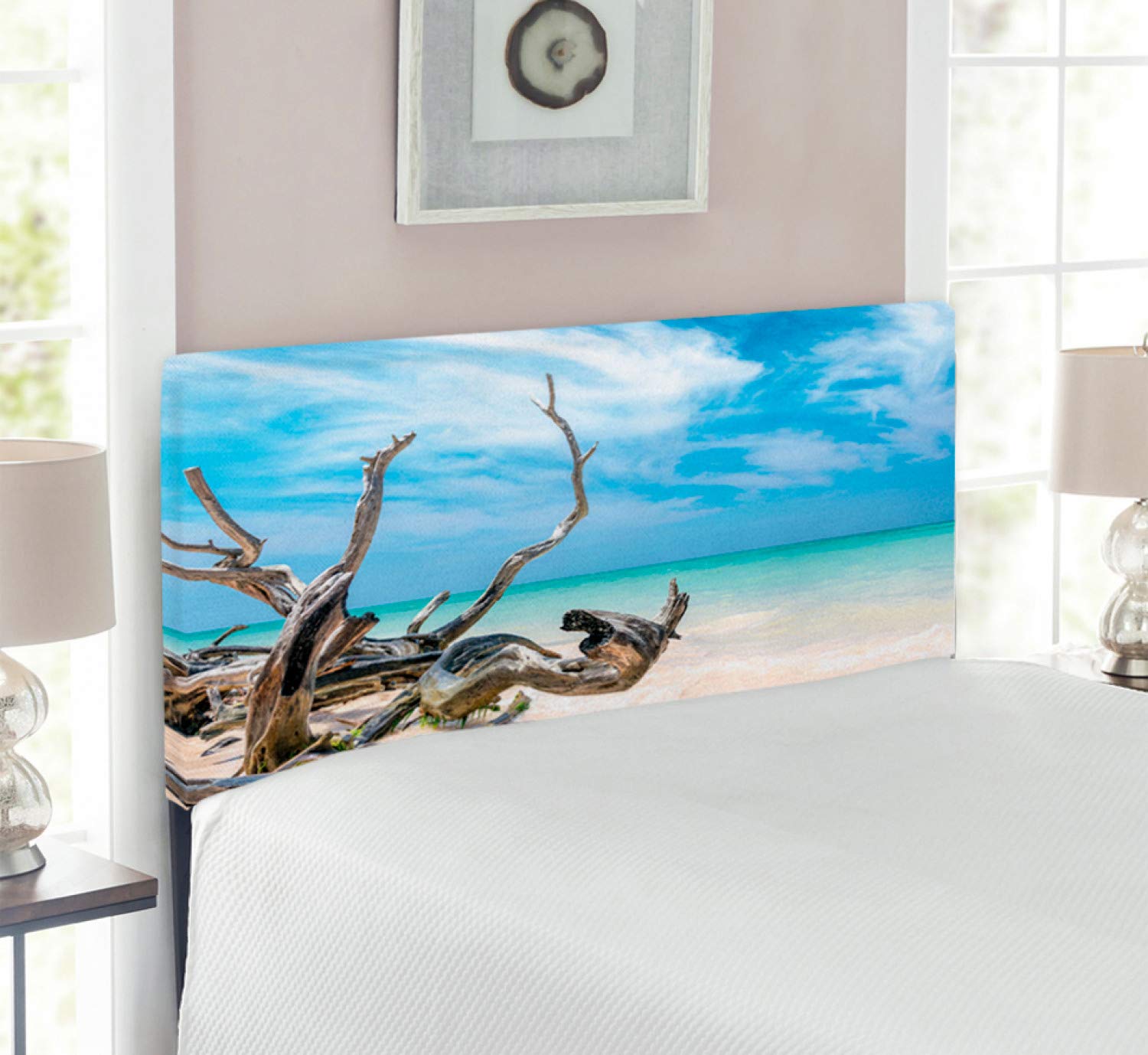 Ambesonne Driftwood Headboard - Seascape Theme with Branches on Sandy Beach & Sky Image | Upholstered Decorative Metal Bed Frame with Memory Foam | Twin Size in Turquoise Sky Blue | Perfect for Coastal, Beach House & Boho Bedroom Decor