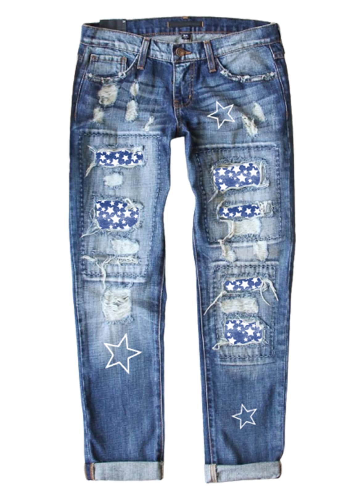 EVALESS Women's Ripped Boyfriend Jeans - Distressed Skinny Denim Pants with Plaid Patch Design | Casual Streetwear, Night Out, Weekend Fashion