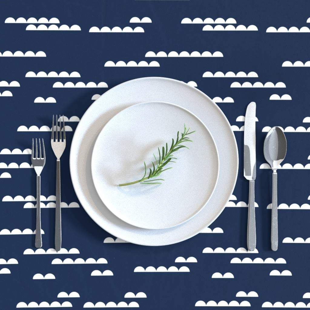 Custom Navy White Scallop Cotton Sateen Tablecloth 90