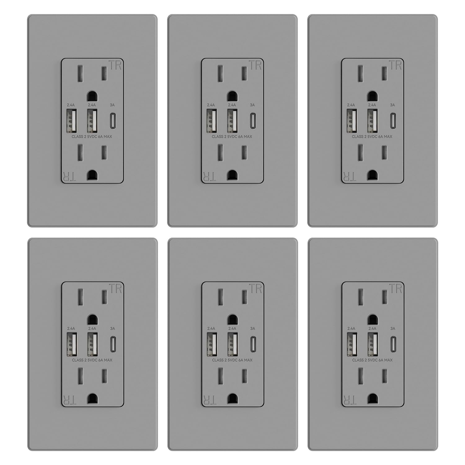 ELEGRP 30W 6.0A 3-Port USB Wall Outlet with Type C & Type A Ports, 20A Receptacle - Fast Charger for iPhone, iPad, Samsung, LG, HTC & Android Devices - UL Listed with Wall Plate (6 Pack, Matte Gray) - Perfect for Home, Office & Hotel Charging Stations