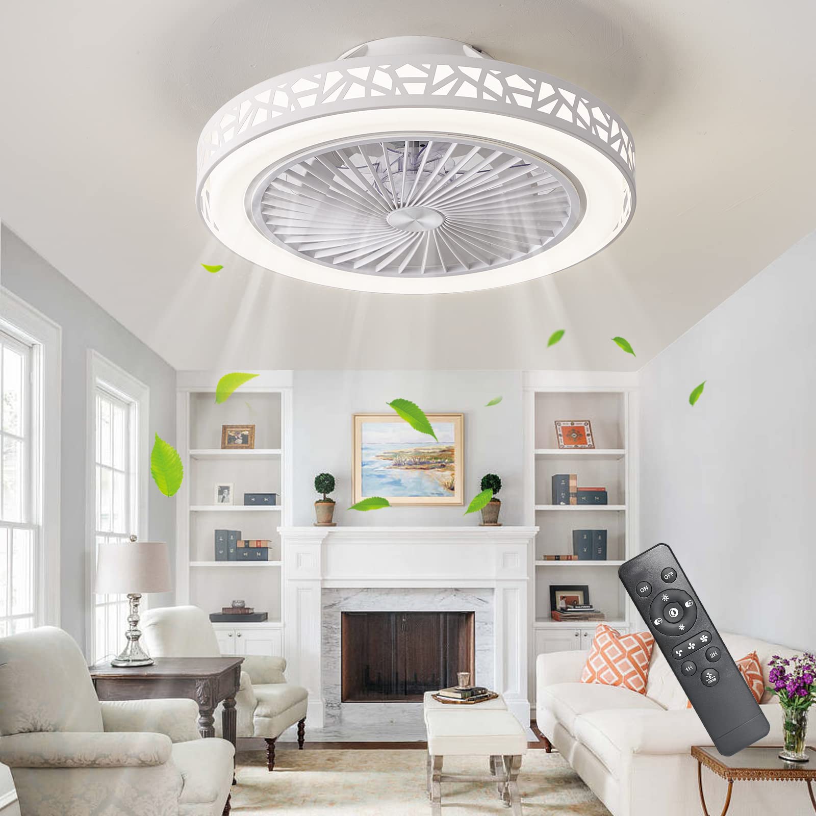 OERIY 48CM Bladeless Ceiling Fan with Light - Remote Control, Dimmable LED, 3 Speed Settings, Low Profile Flush Mount - Modern Bedroom Lighting Fixture (White) | Perfect for Small Rooms, Apartments & Nursery Cooling