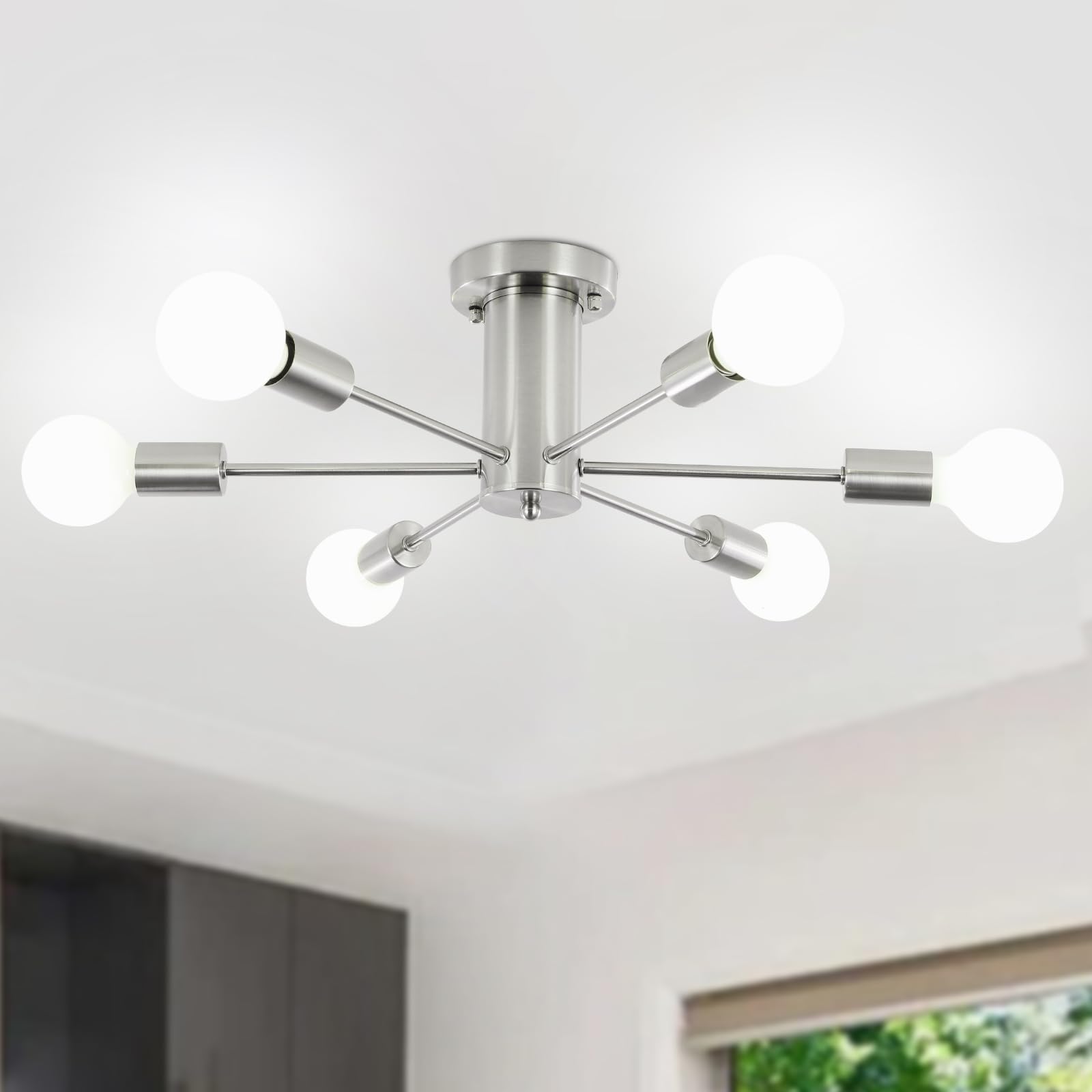 Modern 6-Light Sputnik Chandelier Ceiling Fixture in Brushed Nickel - Semi Flush Mount Lighting for Kitchen, Bedroom, Dining Room & Hallway - Perfect for Contemporary Home Decor and Ambient Lighting