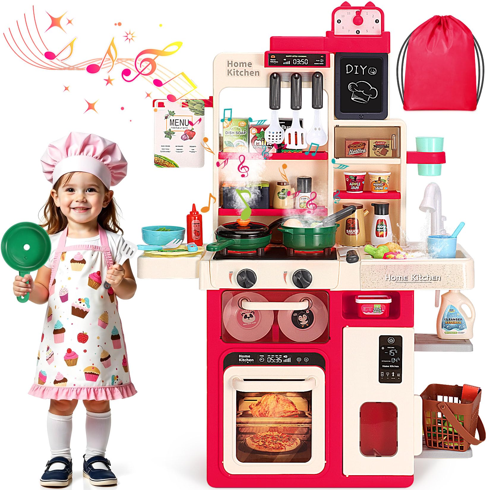 Easface Kids Play Kitchen Set with Sound & Light - Pretend Cooking Stove with Steam, Play Sink & Accessories - Educational Toy Kitchen for Toddlers 1-5 Years Old (Red) - Perfect for Pretend Play, Role Playing & Early Learning at Home or Preschool