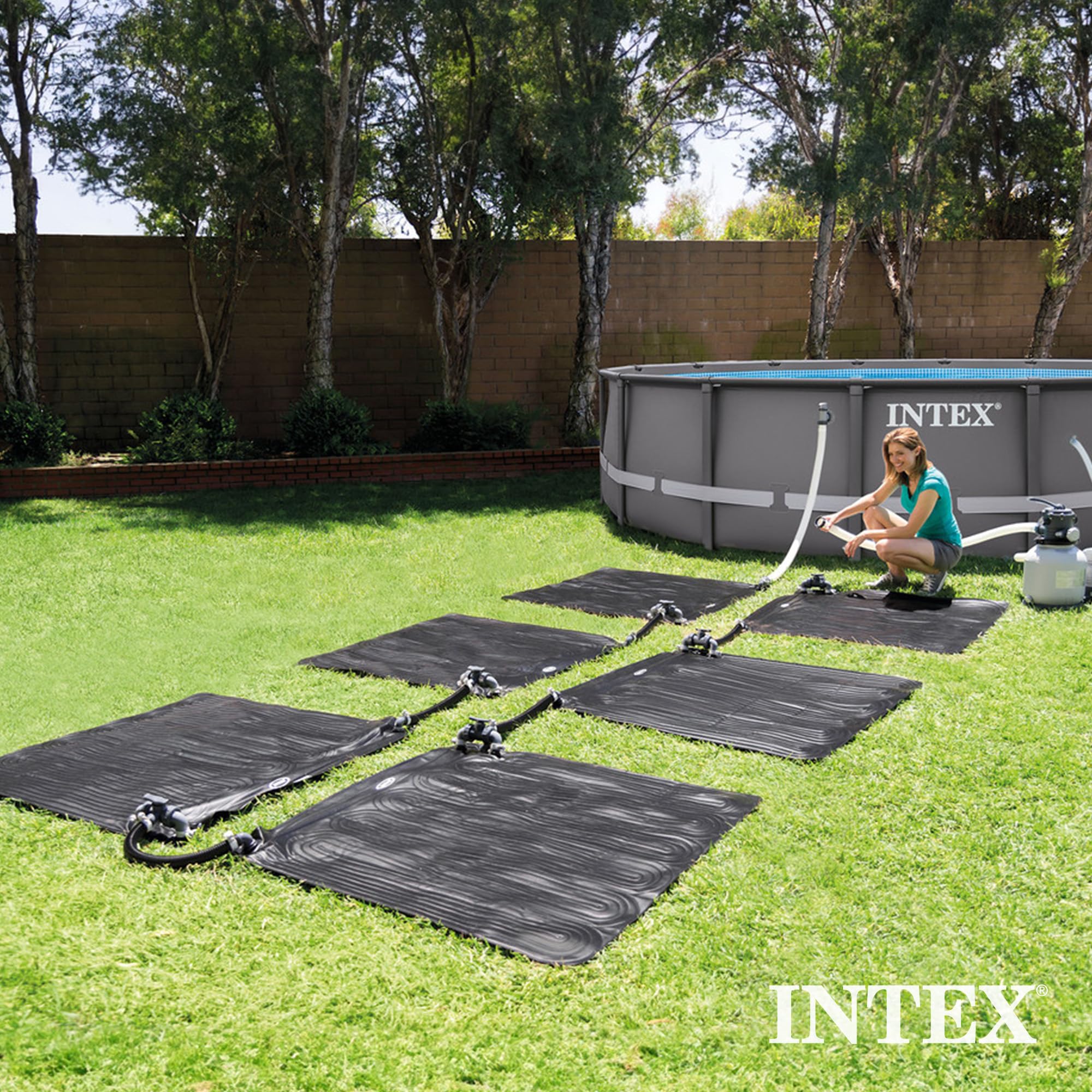 Intex 47x47 Inch Solar Pool Heater Mat - 2 Pack for 8,000 Gallon Above Ground Pools with Hose Attachment & Bypass Valve - Energy Efficient Heating Solution for Summer Backyard Swimming