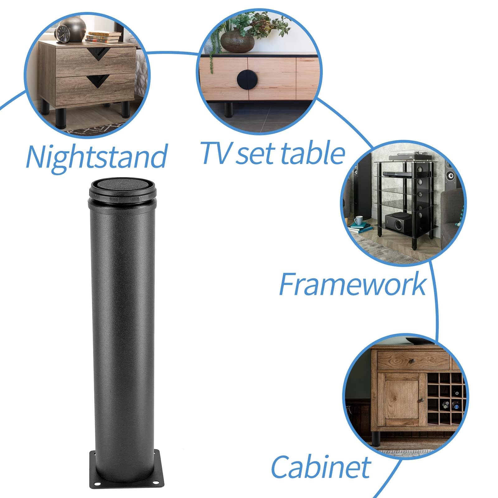 12 Inch Adjustable Stainless Steel Metal Furniture Legs - Round Black Cabinet Legs for Coffee Table, Desk, Sofa & Shelves (Set of 4) - Perfect for Modern Home & Office Furniture Upgrade