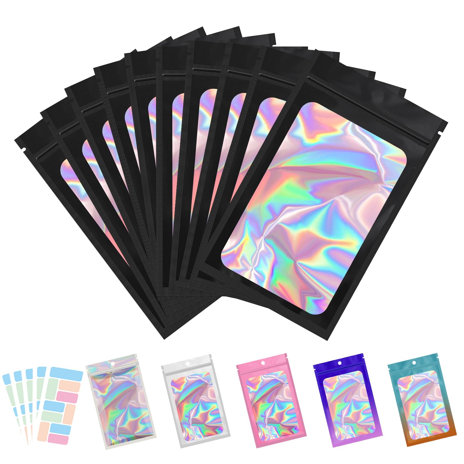 100 Pack 6.3x9.4 Inch Resealable Mylar Bags with Front Window & 100 Color Labels - Holographic Food Storage Bags for Candy, Coffee, Tea, Nuts | Small Business & Home Use Packaging Solution