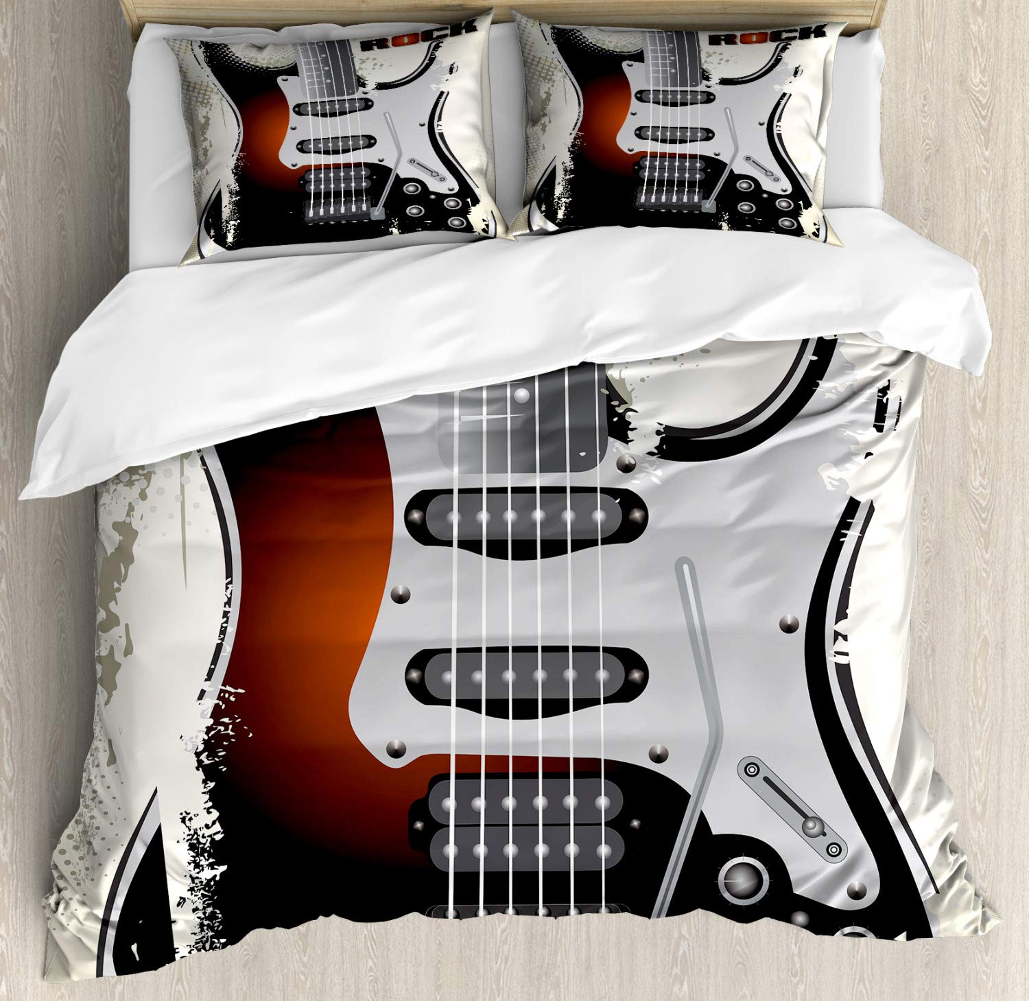 Ambesonne Rock Music Duvet Cover Set - Vintage Guitar Design with Strings & Retro Halftone Abstract Pattern, 3-Piece Grunge Style Bedding with 2 Pillow Shams, California King Size, Multicolor | Perfect for Music Lovers' Bedroom Decor & Rock Theme Room Design