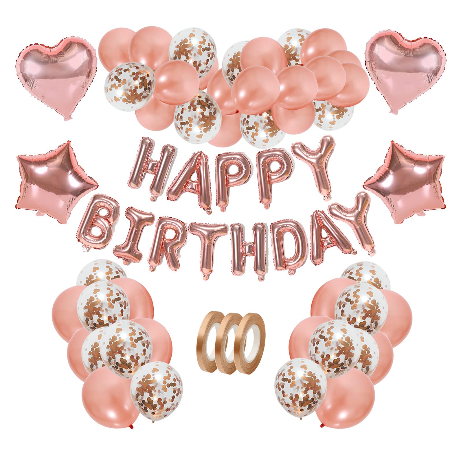 72pcs Rose Gold Birthday Party Decorations Kit - Happy Birthday Balloon Banner, Confetti Balloons, Star & Heart Balloons for Women's Birthday, Baby Shower, Anniversary Celebration