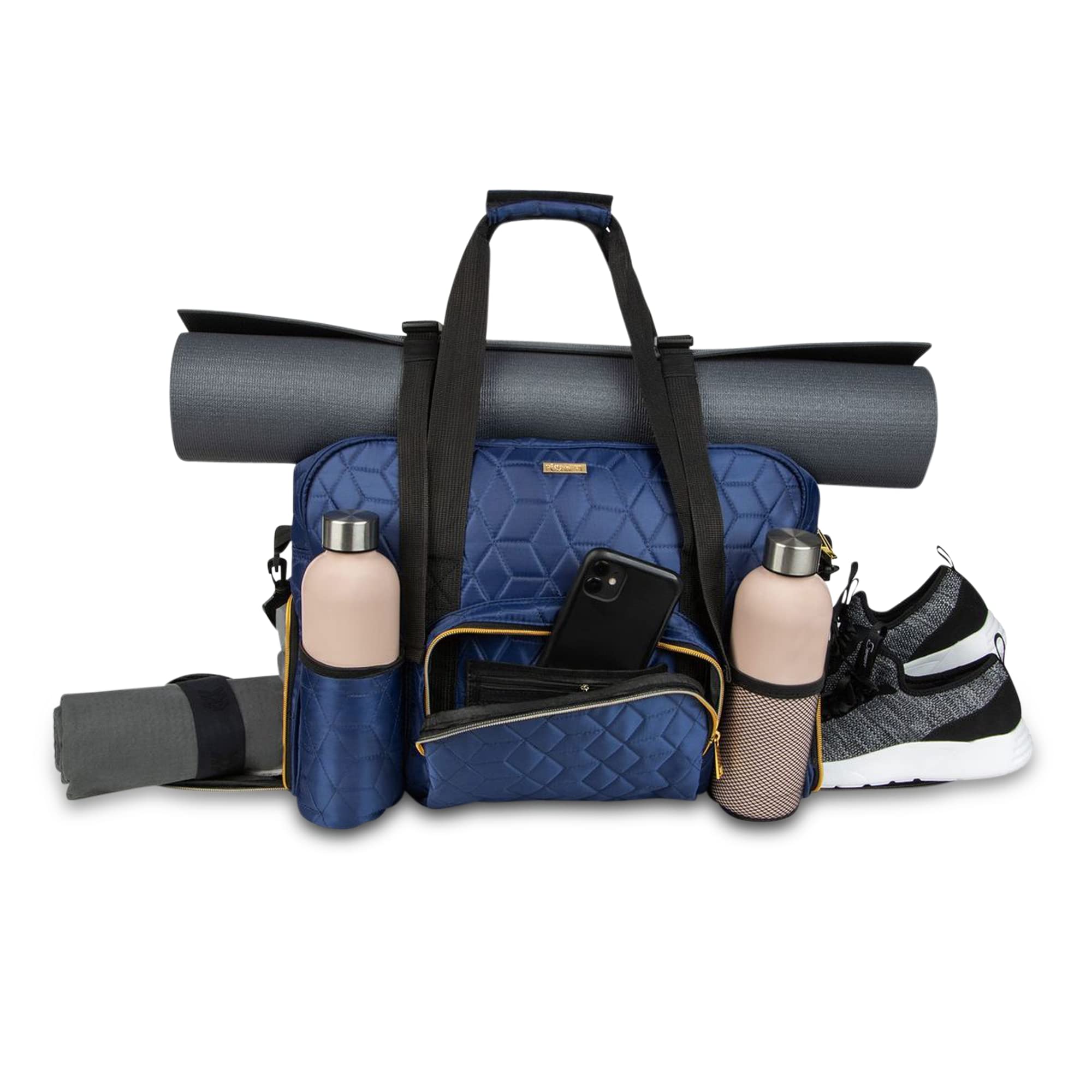 Waterproof Quilted Women's Gym Duffel Bag - Travel & Weekender Bag with Yoga Mat & Shoe Storage - Carry On Luggage for Fitness, Yoga & Travel (Blue)