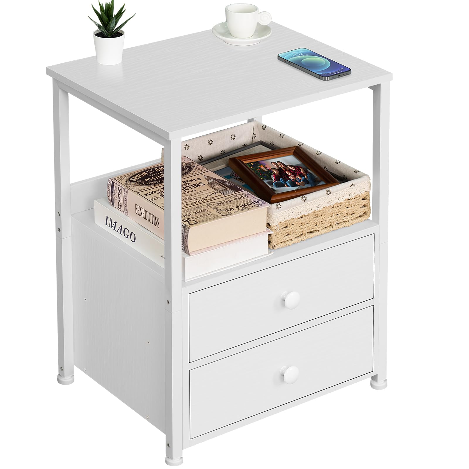 Industrial Nightstand with 2 Drawers & Open Shelf - Steel Frame Bedside Table for Bedroom & Living Room - Sturdy White End Table for Small Spaces - Perfect for Apartment, Dorm, Guest Room & Home Office