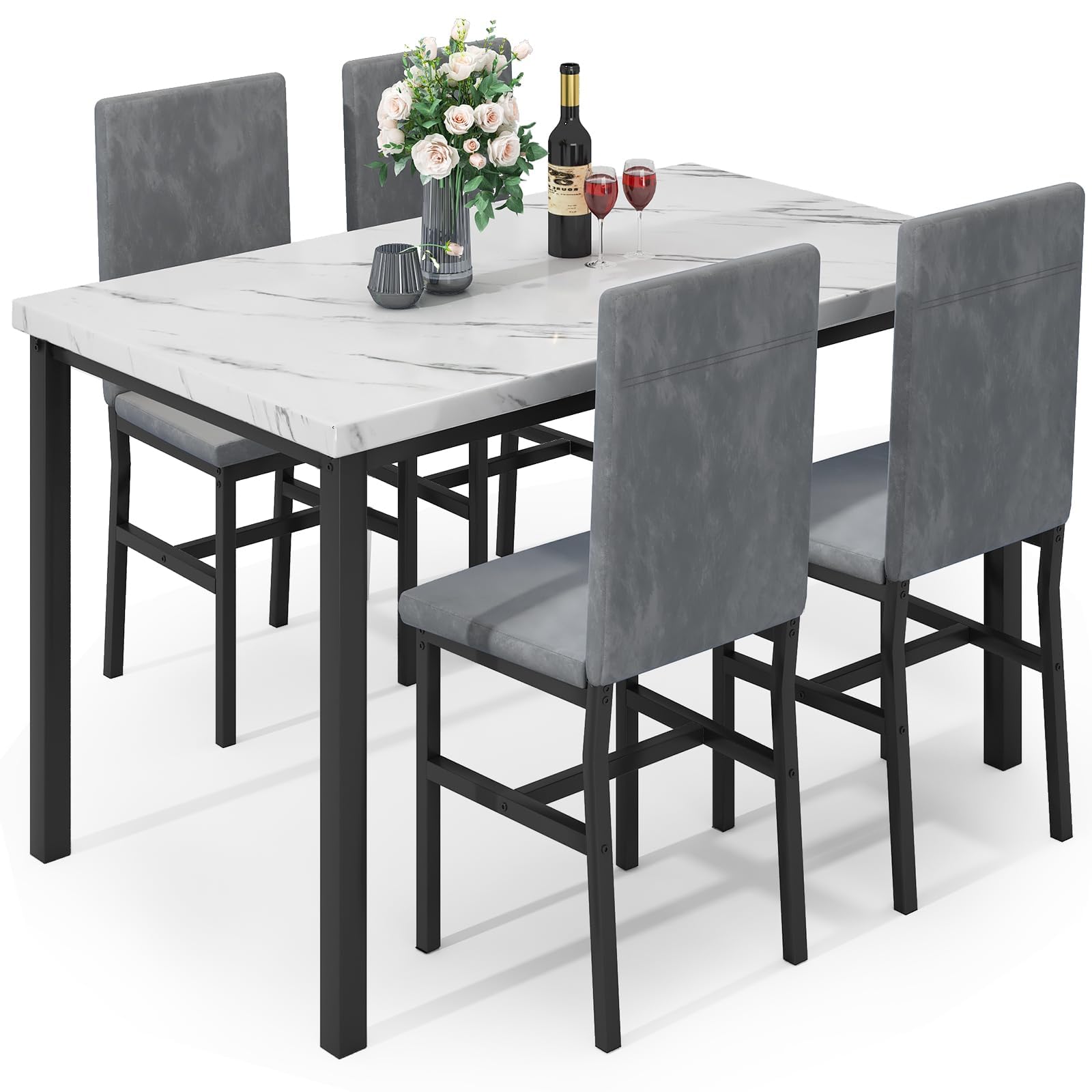 Modern 5-Piece Dining Table Set for 4 with Faux Marble Top & Velvet Chairs - Space Saving Kitchen Table and Chairs for Small Spaces, Apartments (Grey) | Perfect for Breakfast Nooks, Studio Apartments & Cozy Dining Areas