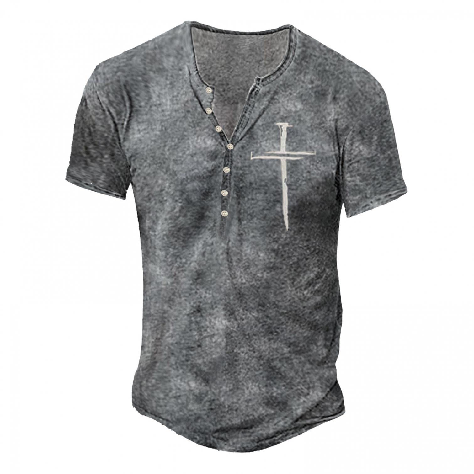 **XXBR Men's Distressed Henley Shirts - Vintage Short Sleeve Button Down Tee, Casual Washed Cotton T-Shirt for Everyday Wear & Street Style**