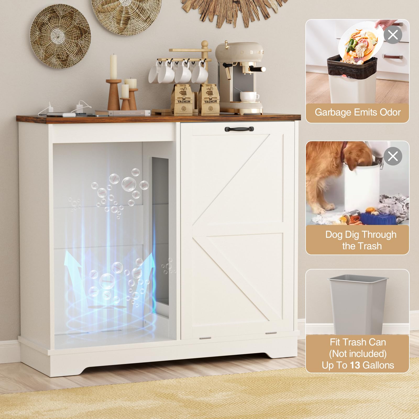 13 Gallon Double Tilt Out Trash Can Cabinet with Deodorizer - Farmhouse Style Hidden Garbage Bin Storage for Kitchen & Living Room - White Wooden Waste Bin Cabinet for Home Organization