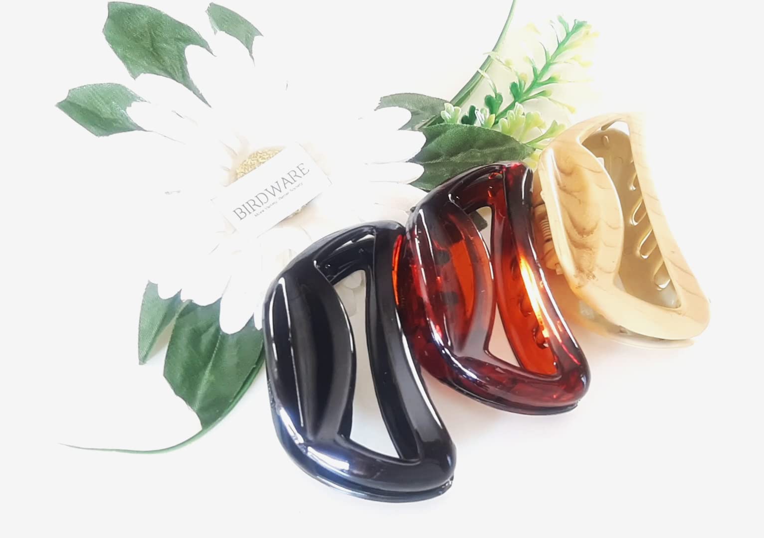 Premium Large Acrylic Butterfly Hair Clips for Women - 3-Pack (Black, Shell & Wooden Colors) - Strong Hold Hair Clutchers for Daily Use, Parties & Weddings