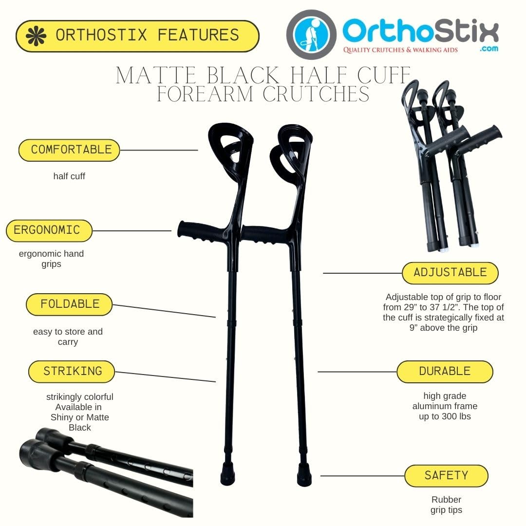 OrthoStix Matte Black Folding Half Cuff Forearm Crutches for Adults - 4 Inch Cuff Size, Adjustable Lofstrand Crutches (Pair) - Ideal for Mobility Support, Injury Recovery & Daily Use