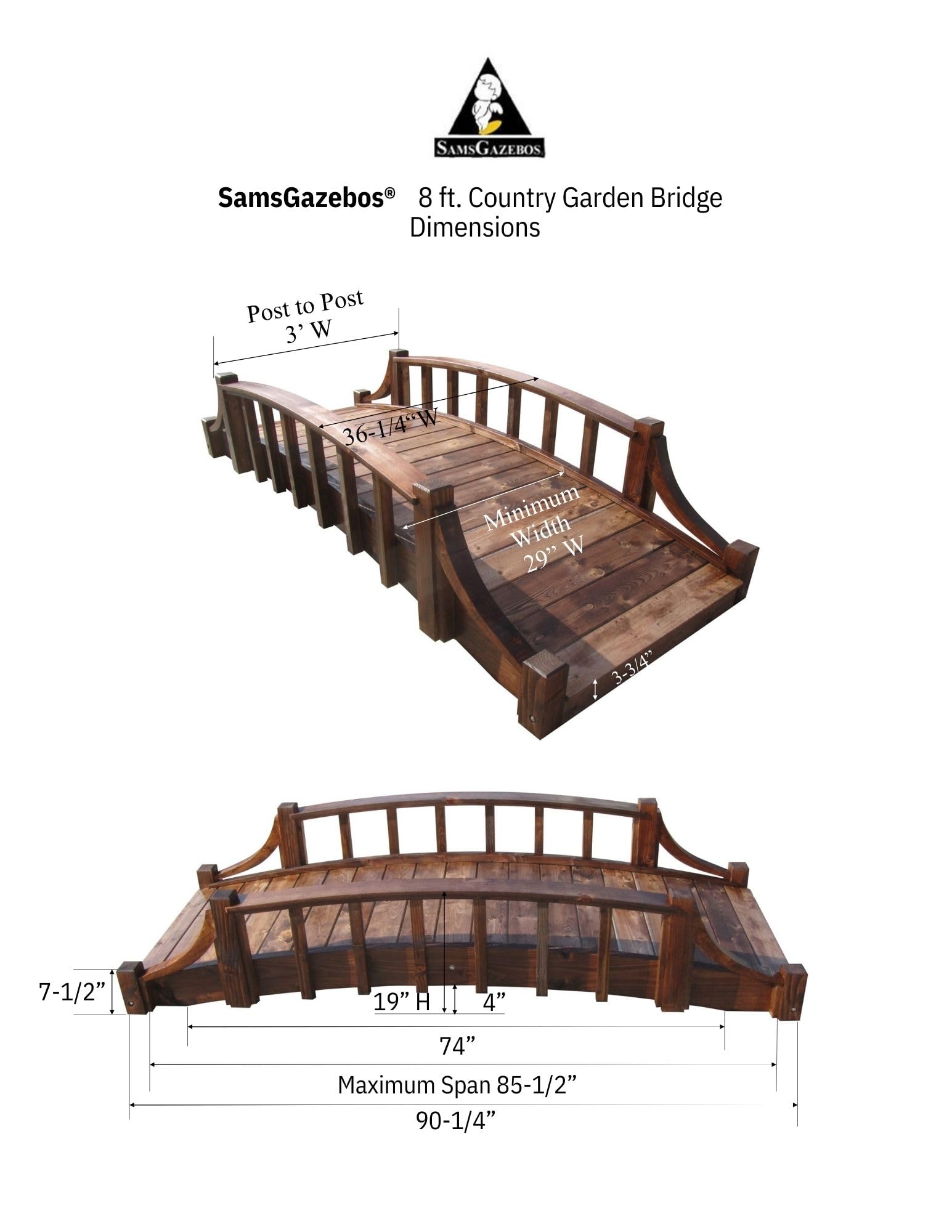 8ft Brown Wooden Garden Bridge for Country Landscaping - Perfect for Backyard, Pond, or Creek Decoration