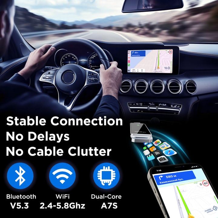 2024 Upgraded Wireless CarPlay Adapter - Plug & Play, Zero Latency for iPhone iOS 10+ | Bluetooth 2.4GHz & Dual-Band Wi-Fi (2.4/5.8GHz) | Easy Setup & Online Updates | Compatible with 2015+ Model Cars | Perfect for Commuting, Road Trips & Hands-Free Driving